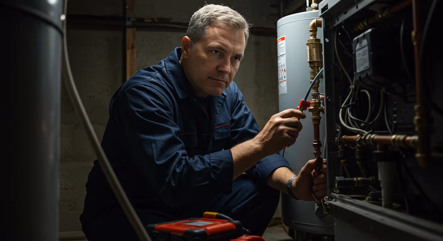 Plumber fixing water heater pipes.