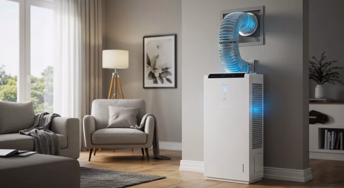 A white portable air filtration unit with a clear hose connected to a wall vent.