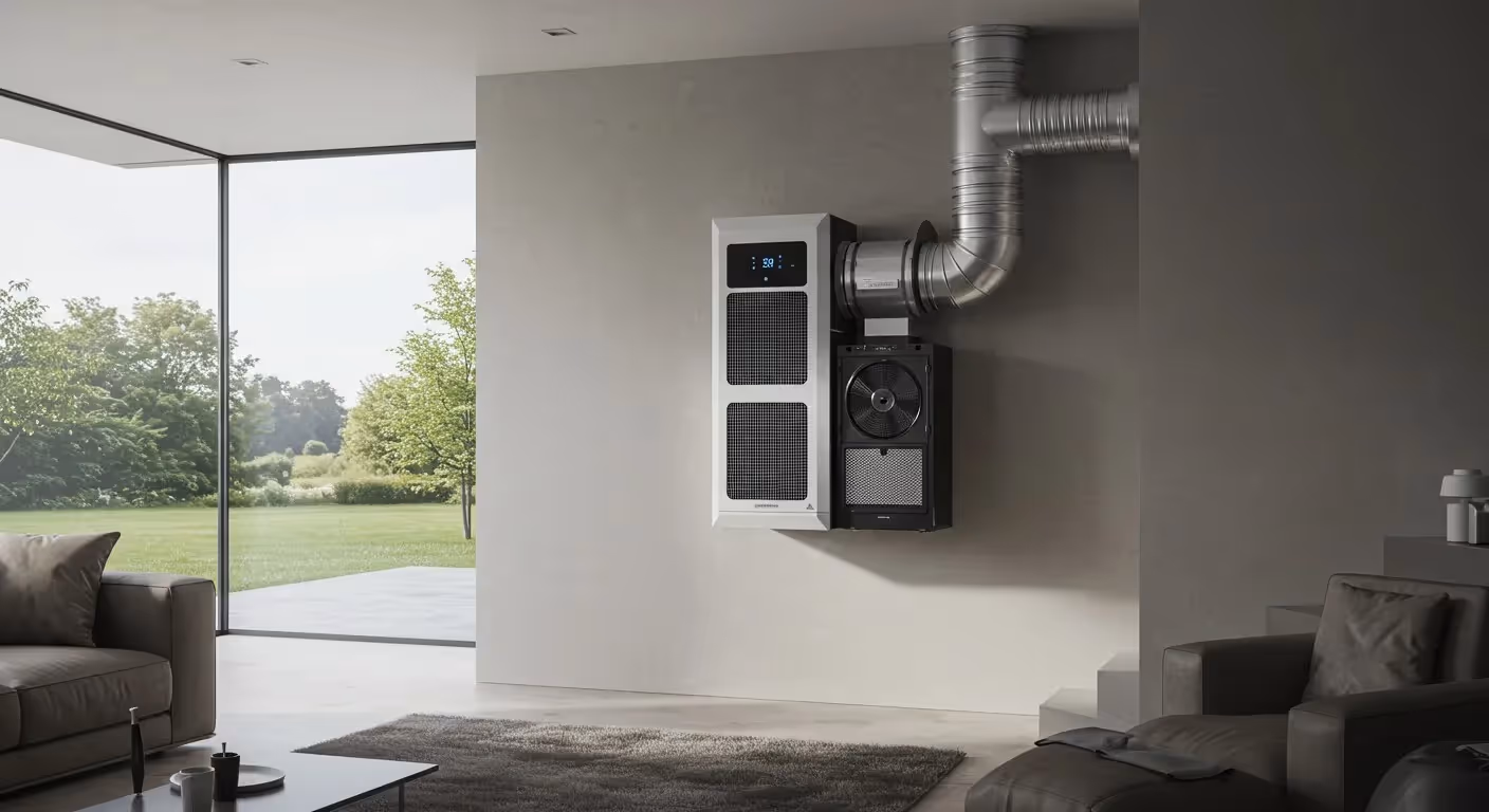 A large, modern home ventilation unit is attached to ductwork on a wall in a living room.