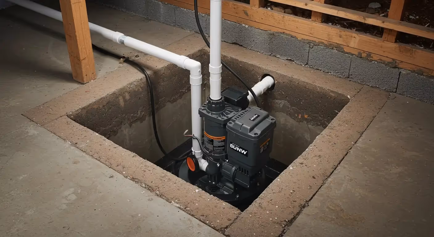 Dual sump pumps in deep pit.