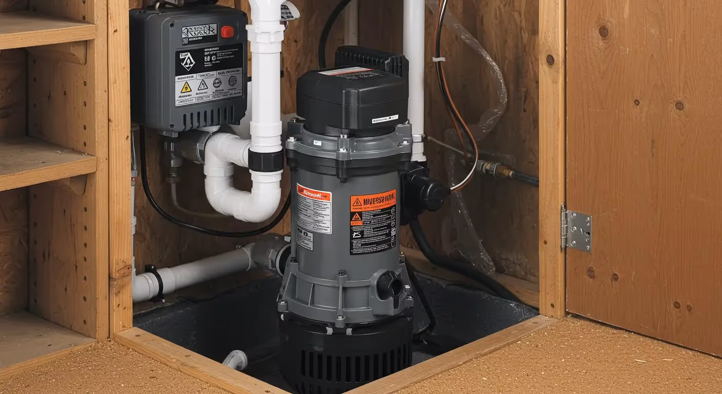 Large sump pump in corner.