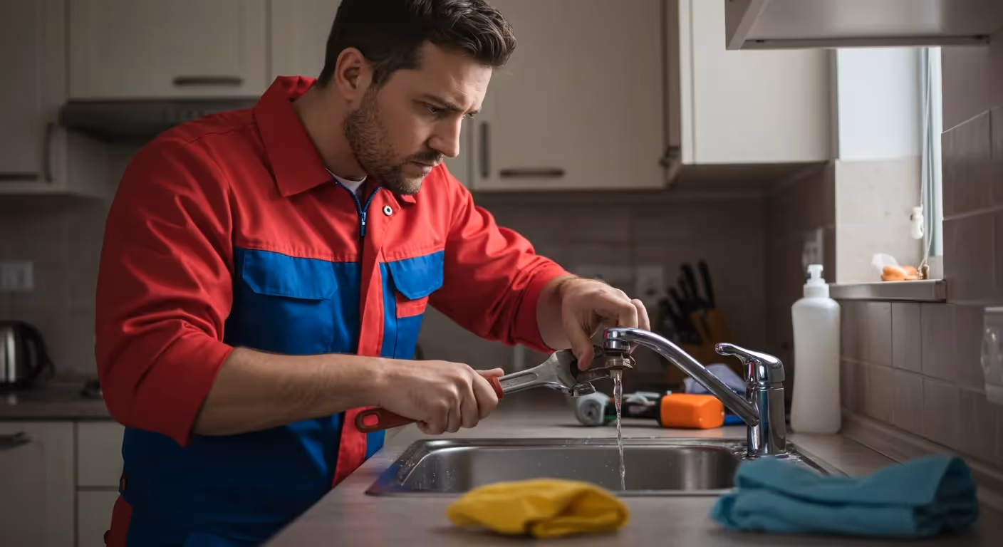 A focused plumber in a red and blue uniform fixes a kitchen faucet using a wrench. 