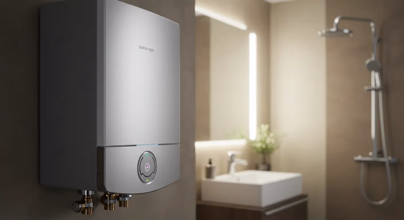 A gray tankless water heater is mounted on a wall in a bathroom with a sink and shower.