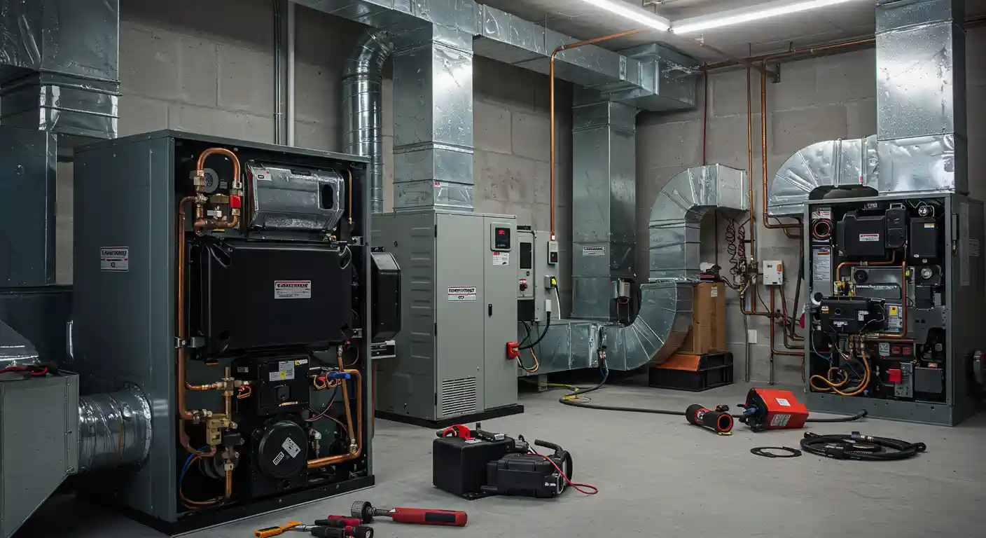 A large, industrial room, likely a workshop or a maintenance bay, is filled with various HVAC (Heating, Ventilation, and Air Conditioning) units. The room has a concrete floor, grey walls, and exposed overhead lighting and ductwork.