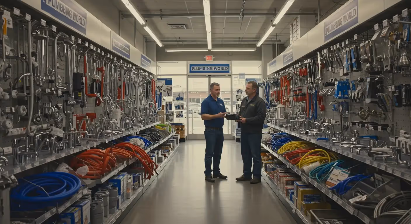 Two people stand in a well-lit hardware store aisle labeled "Plumbing World."