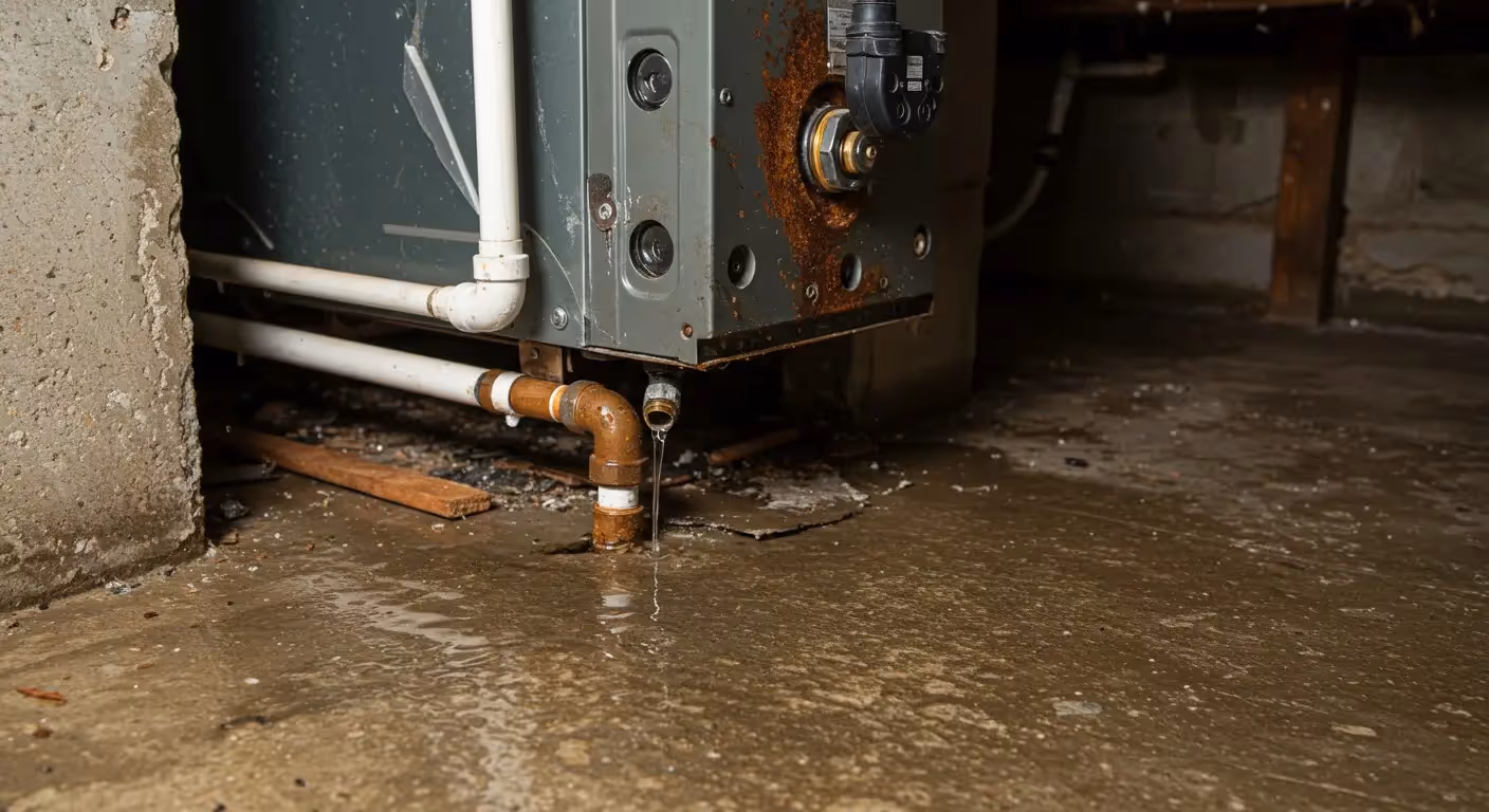 A brown pipe is dripping water, creating a puddle on a concrete floor next to a rusted appliance or furnace.