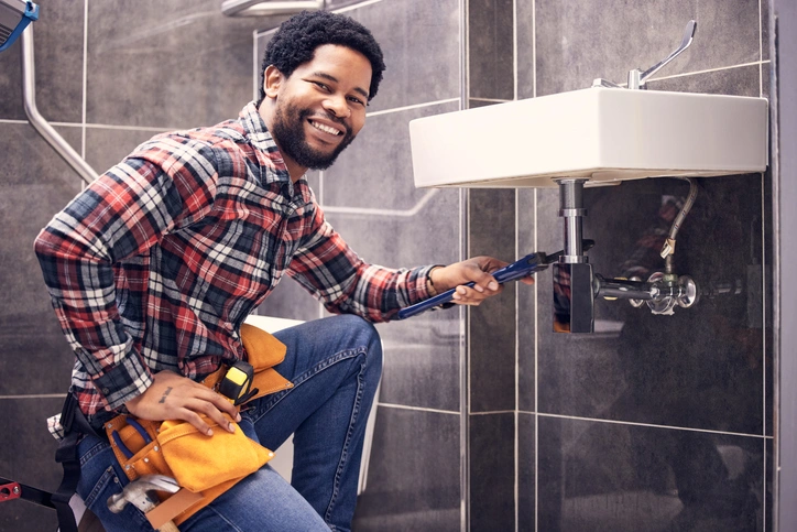 A man holding a wrench, focused on repairing a sink, with a "Best Plumber" badge visible on his shirt.