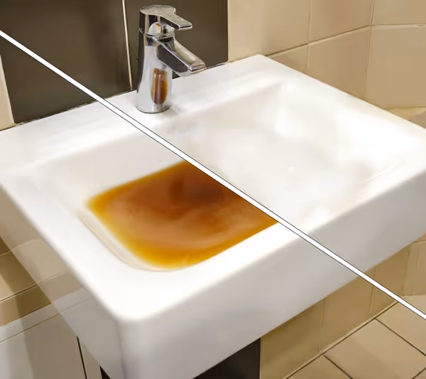 A sink with a yellow substance on its surface, near the drain.