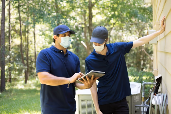 Two men in navy shirts, wearing masks and caps, stand outdoors near a house, examining a tablet.