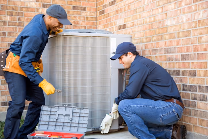 Two technicians in work uniforms and gloves are repairing an outdoor air conditioning unit beside a brick wall. One kneels with tools, the other stands.