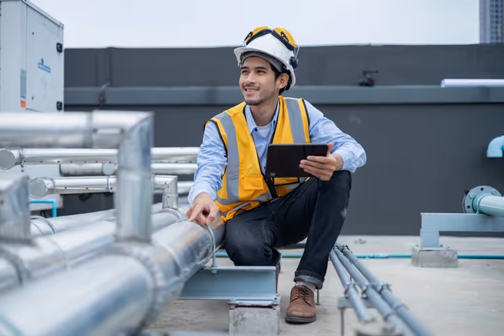A smiling engineer in a yellow vest and helmet crouches on a rooftop, holding a tablet and inspecting silver pipes. The mood is focused and professional.