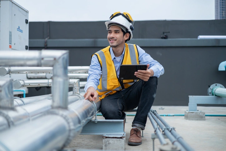 A smiling engineer in a helmet and yellow safety vest inspects rooftop pipes while holding a tablet