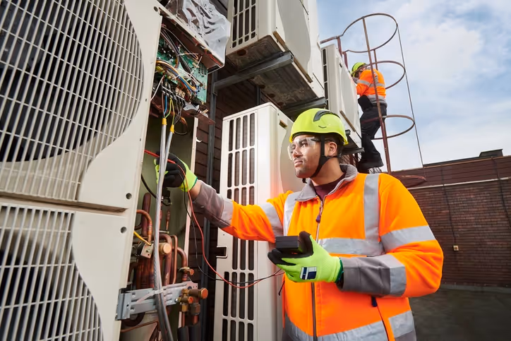 Two workers in high-visibility clothing and helmets performing maintenance on rooftop HVAC units, with a focused and diligent expression.