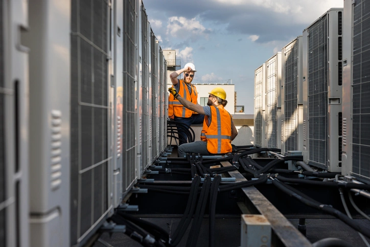 Two workers in orange safety vests and helmets inspect rooftop HVAC units. 