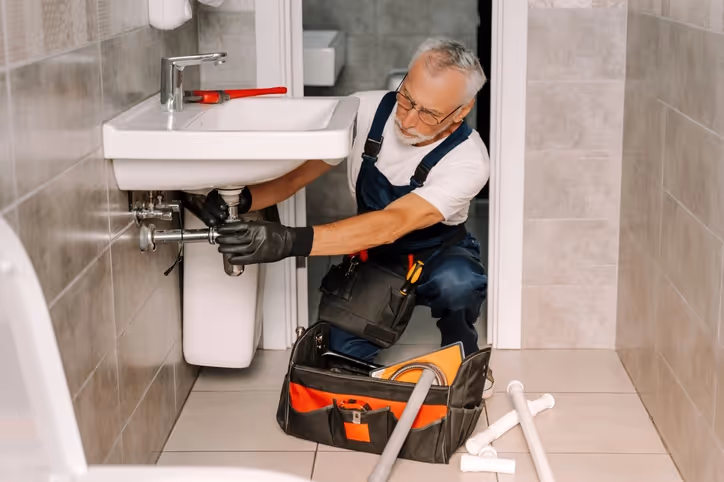 Elderly plumber in overalls fixes a bathroom sink, surrounded by tools and pipes.