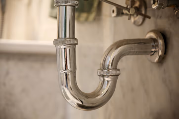 Close-up of a shiny chrome plumbing pipe with a U-bend under a sink, reflecting light. 