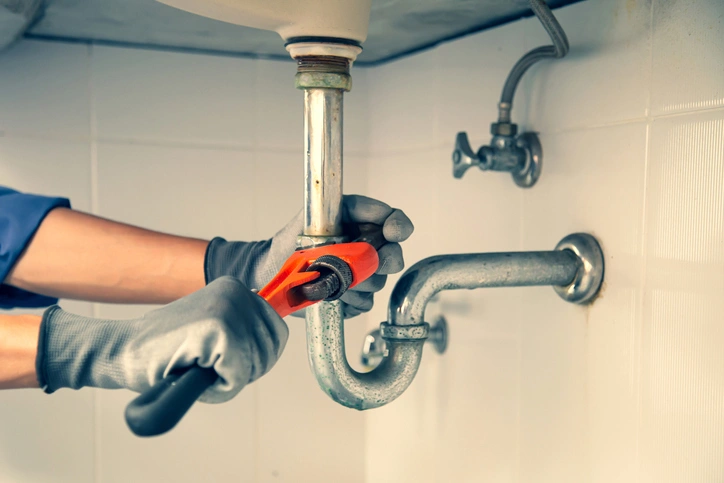 Hands in gloves use a red wrench to tighten a silver pipe under a sink against a white tiled wall. 
