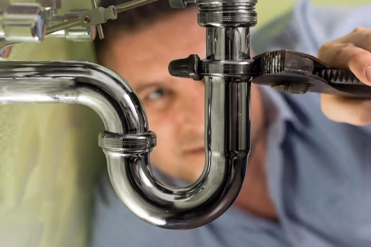 A focused person is repairing a shiny chrome pipe under a sink using a wrench.