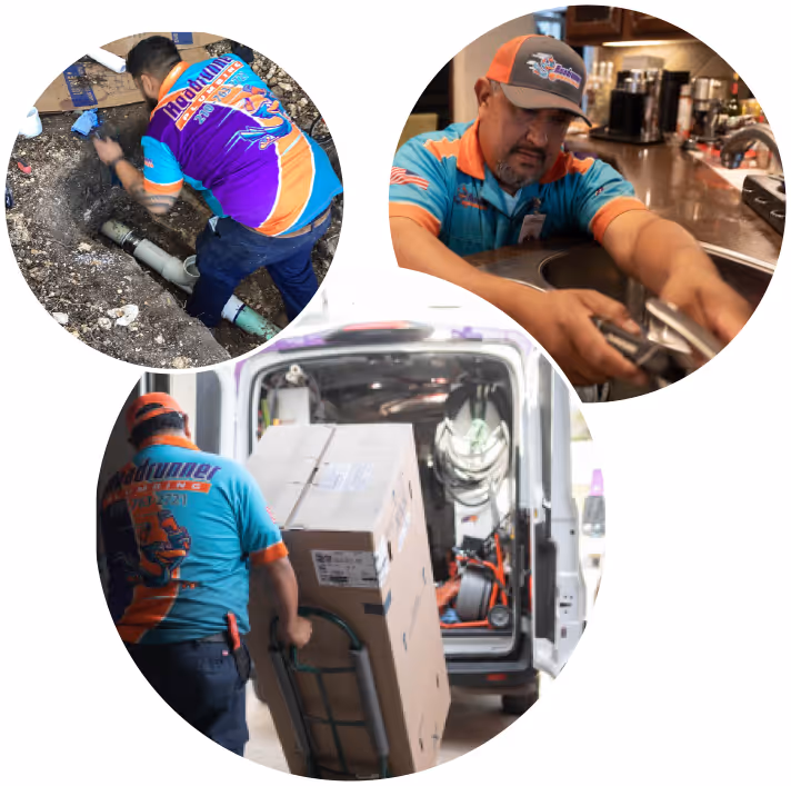 A circular collage shows a plumber working on an outdoor pipe, a technician fixing a sink, and a worker loading a large box onto a truck.