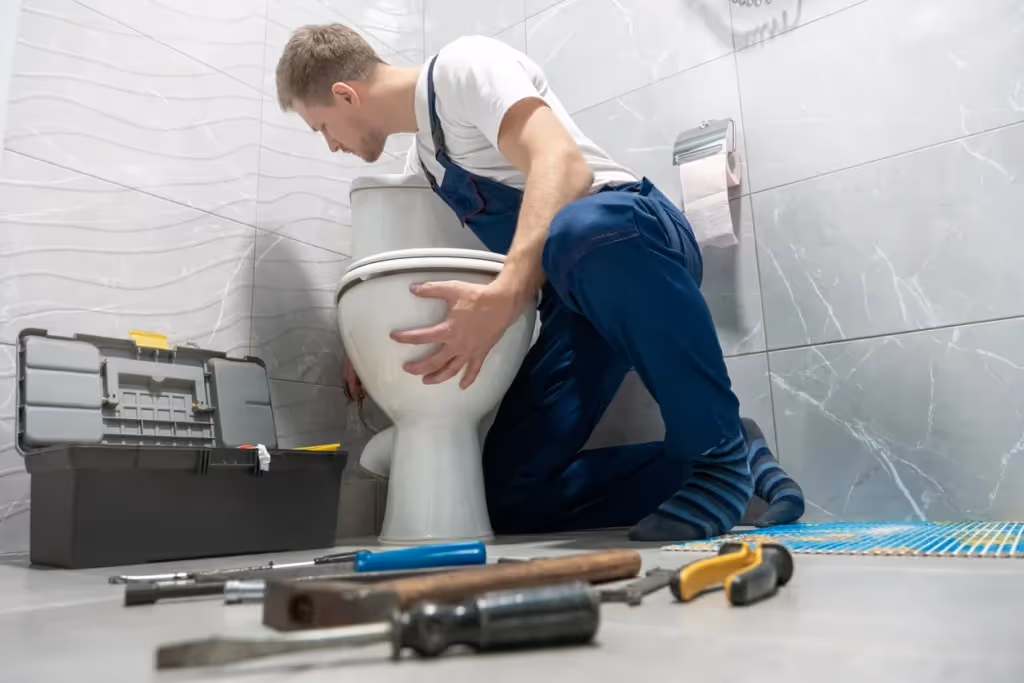 Plumber in overalls repairs a toilet in a tiled bathroom, surrounded by a toolbox and various tools. 