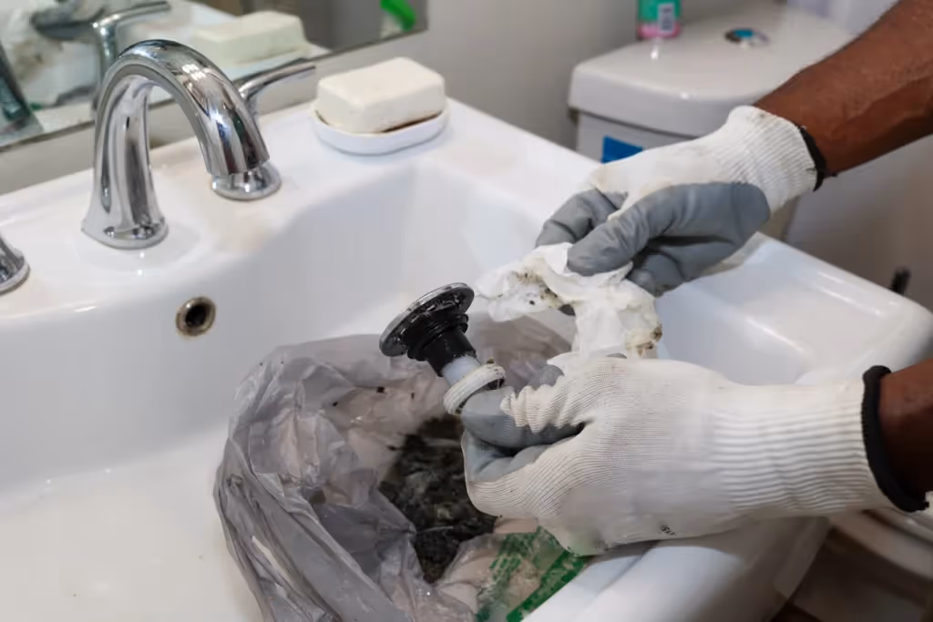 A person wearing gloves cleans a dirty sink drain stopper over a basin. A soap dish and cleaning supplies are visible, suggesting maintenance work.