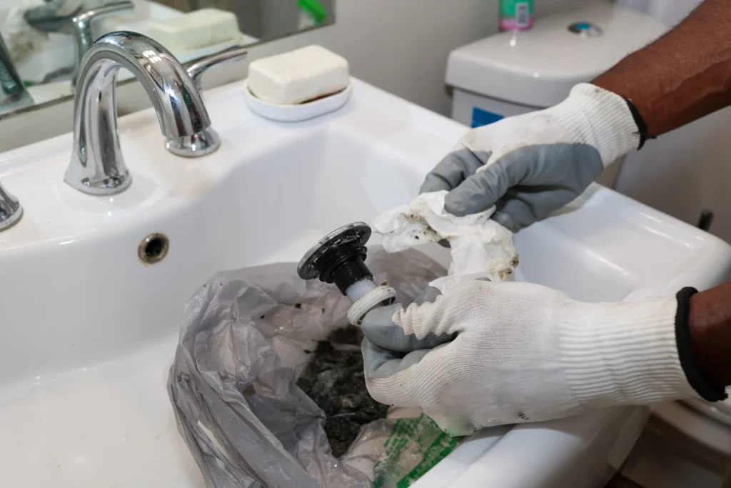 A person wearing gloves cleans a dirty sink drain stopper over a basin. A soap dish and cleaning supplies are visible, suggesting maintenance work.