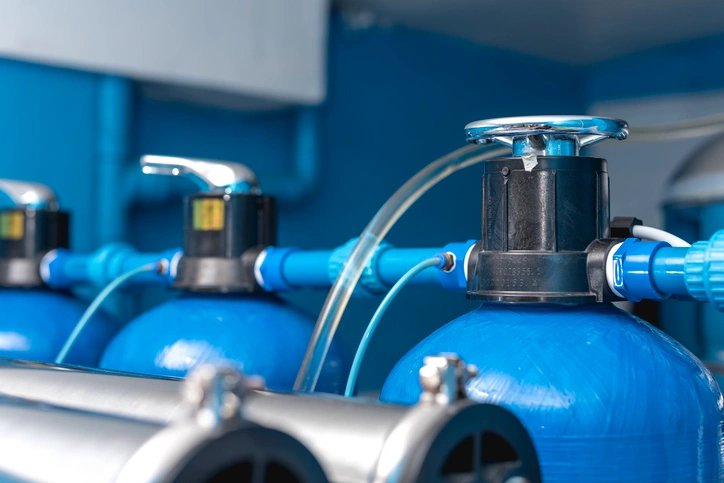 Close-up of blue water filtration tanks with attached pipes and valves, set against a soft-focus industrial background. The image conveys a clean, efficient tone.
