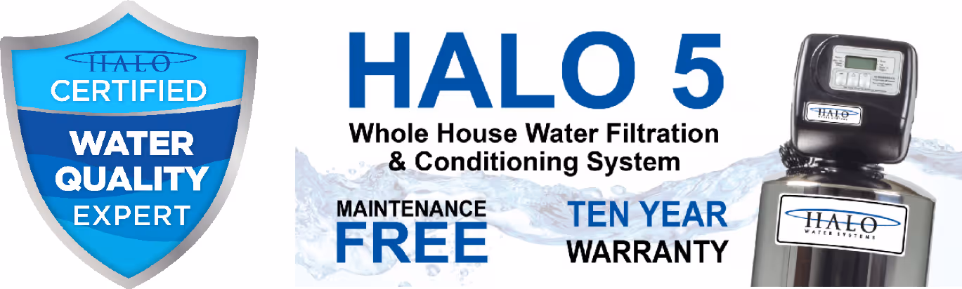 halo 5 whole house water filtration graphic indicating a ten year warranty with purchase