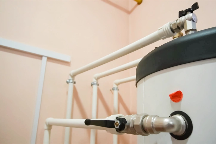 Close-up of a water heater with white pipes against a peach wall. The image highlights plumbing connections, conveying a sense of utility and functionality.