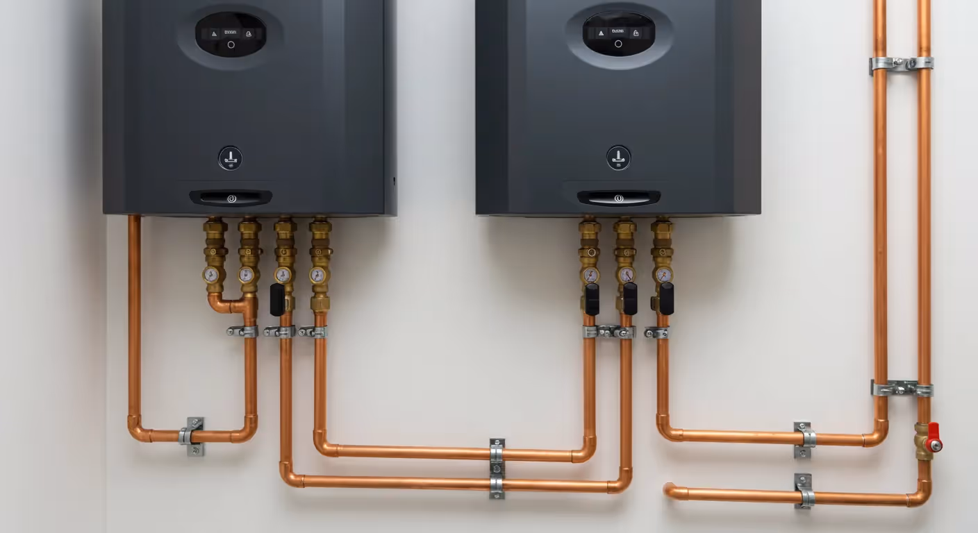 Two modern, dark gray tankless water heaters mounted on a wall with exposed copper plumbing and gauges.