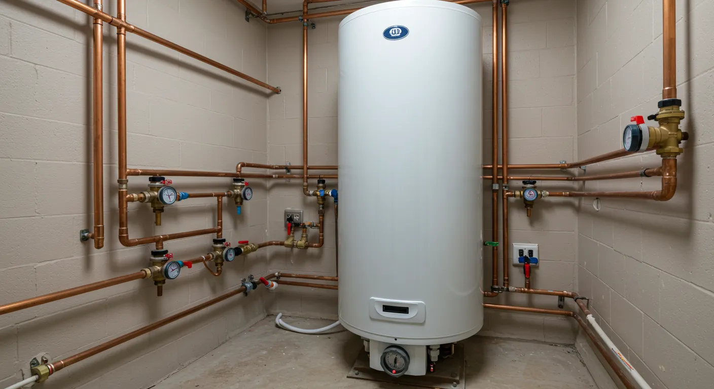 A large white water heater tank in a room with concrete block walls and numerous copper pipes.