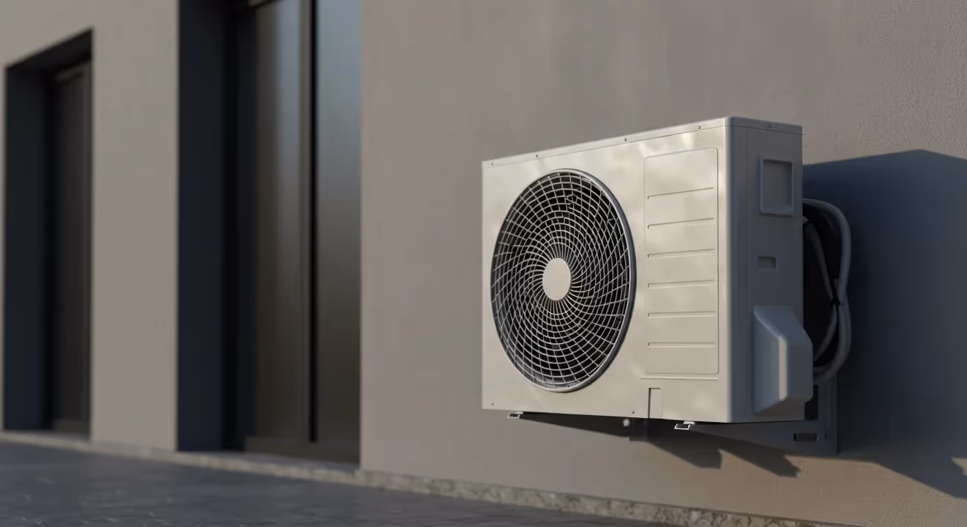 A white wall-mounted air conditioning unit is installed on a modern gray building exterior.