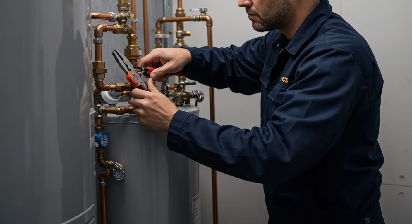 A close-up of a plumber's hands using pliers to work on water heater pipework.