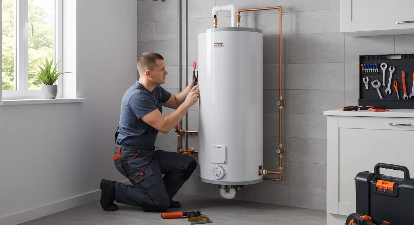 A plumber kneels and adjusts a white water heater in a kitchen-like setting.