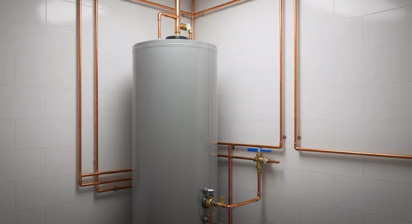 A gray water heater tank in a white tiled room with extensive copper piping.