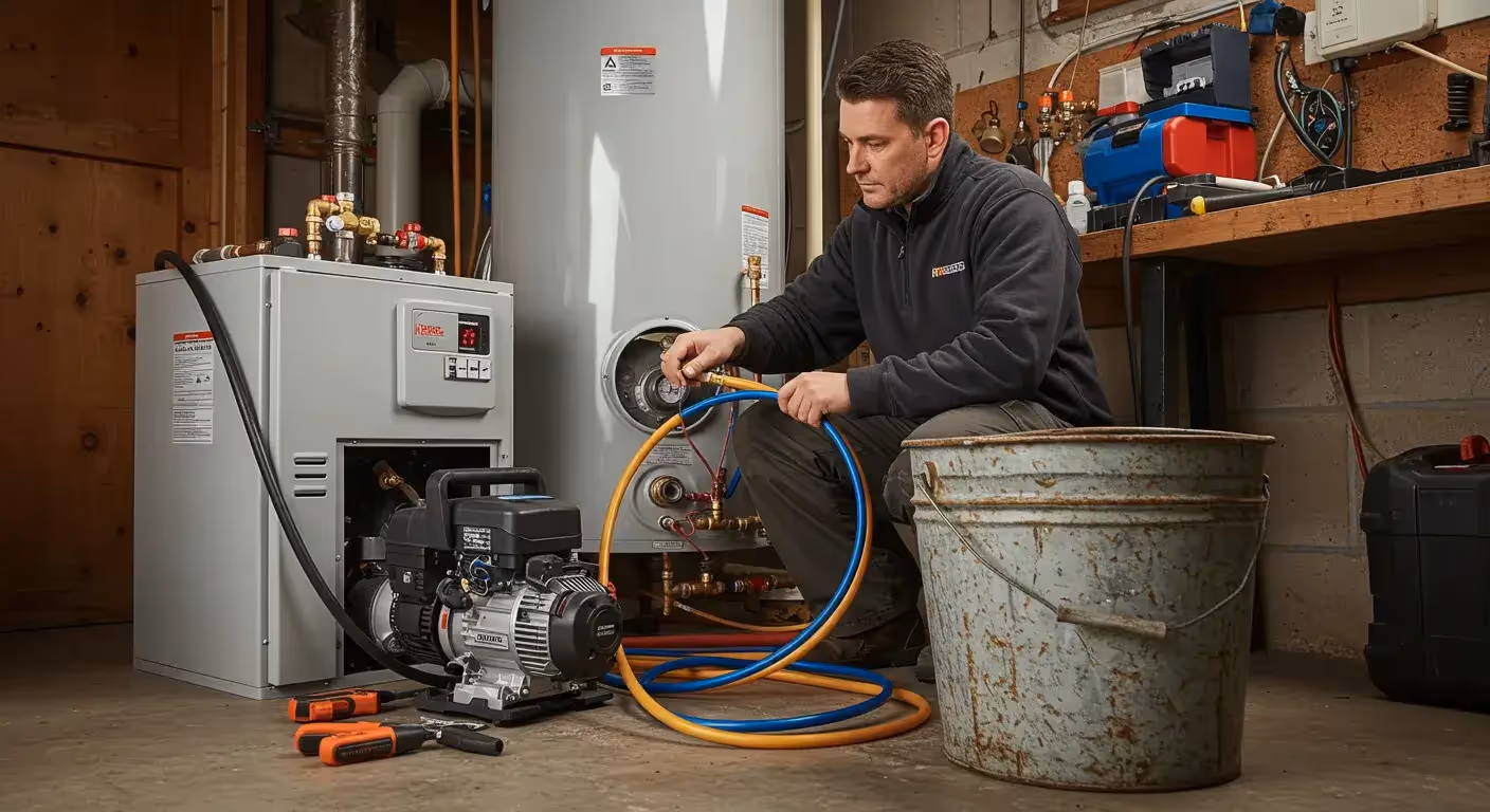 A technician flushes a tankless water heater by connecting hoses from a portable pump to the unit's plumbing.