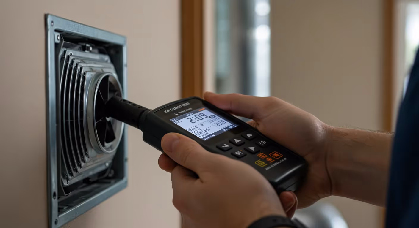 A close-up of a person's hands holding an air quality meter with a probe inserted into a small exhaust fan.
