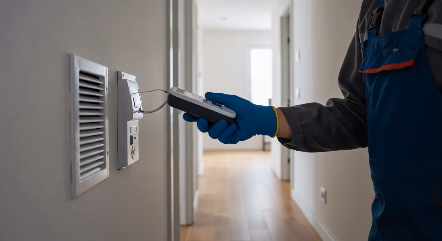 A technician is using a handheld device to test the air quality at a wall vent in a home hallway.