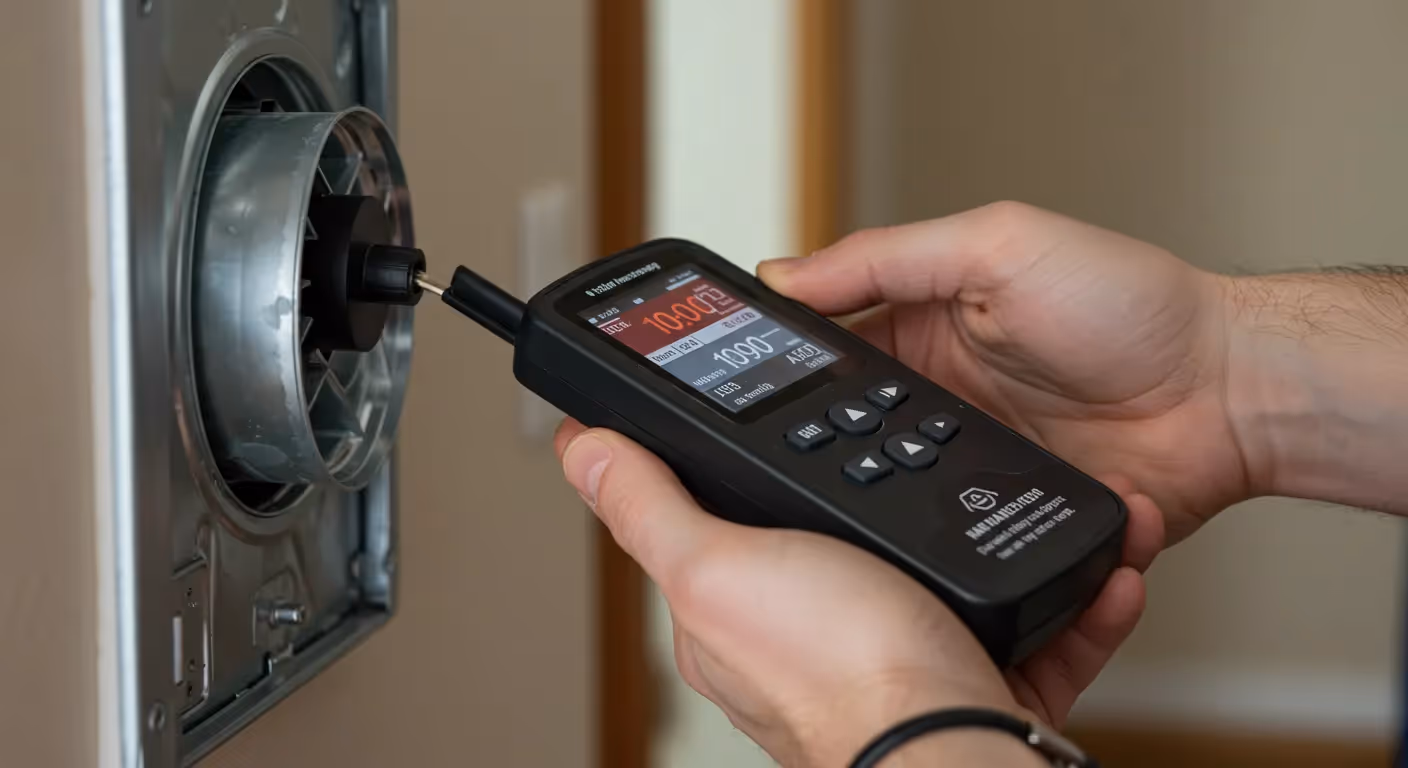 A close-up of a technician's hands holding an air quality meter, with the probe inserted into an exhaust fan.