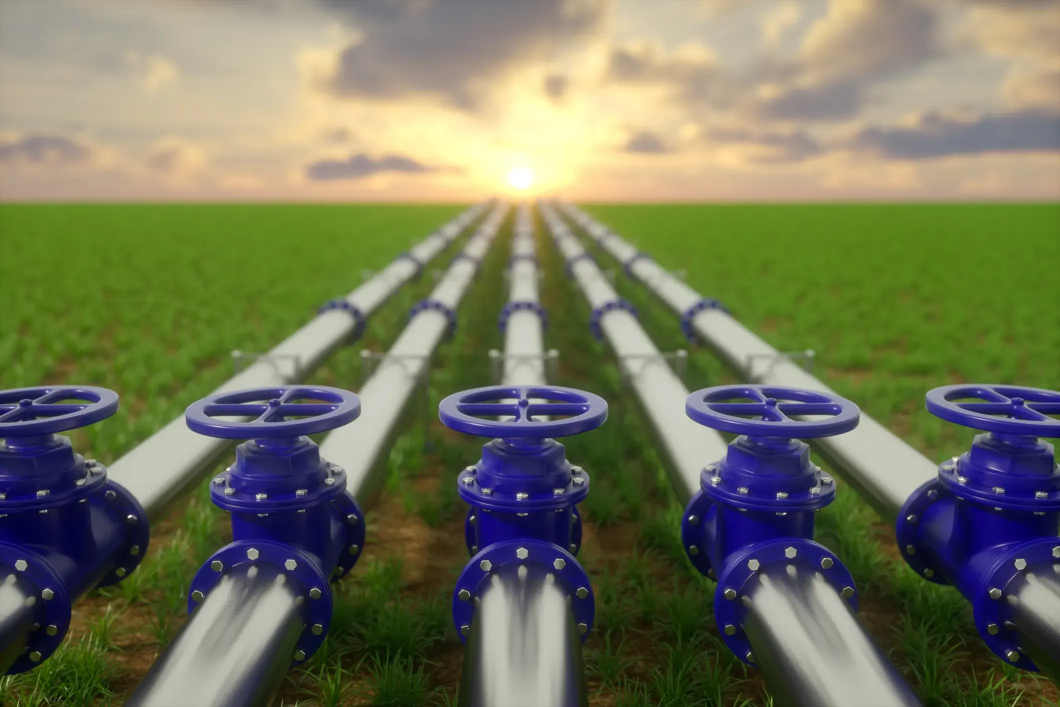 A long line of parallel gas pipelines with large blue valves extends into the distance across a green, grassy field under a sunset sky.