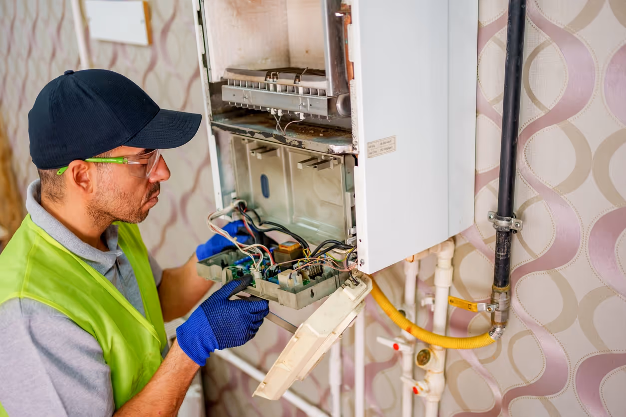 A technician in a cap and goggles works on an open gas boiler, inspecting wires.