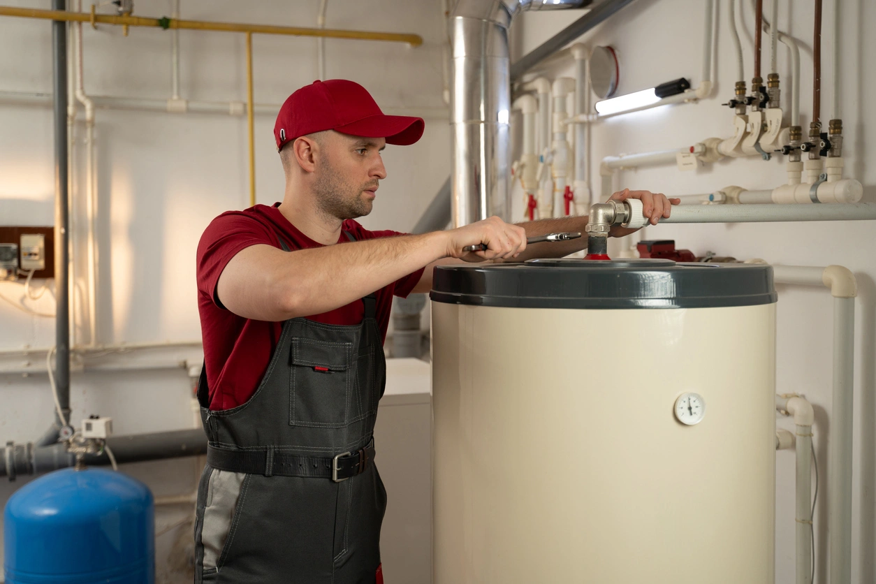 A man in a red cap and work uniform uses a wrench on a large beige water heater tank
