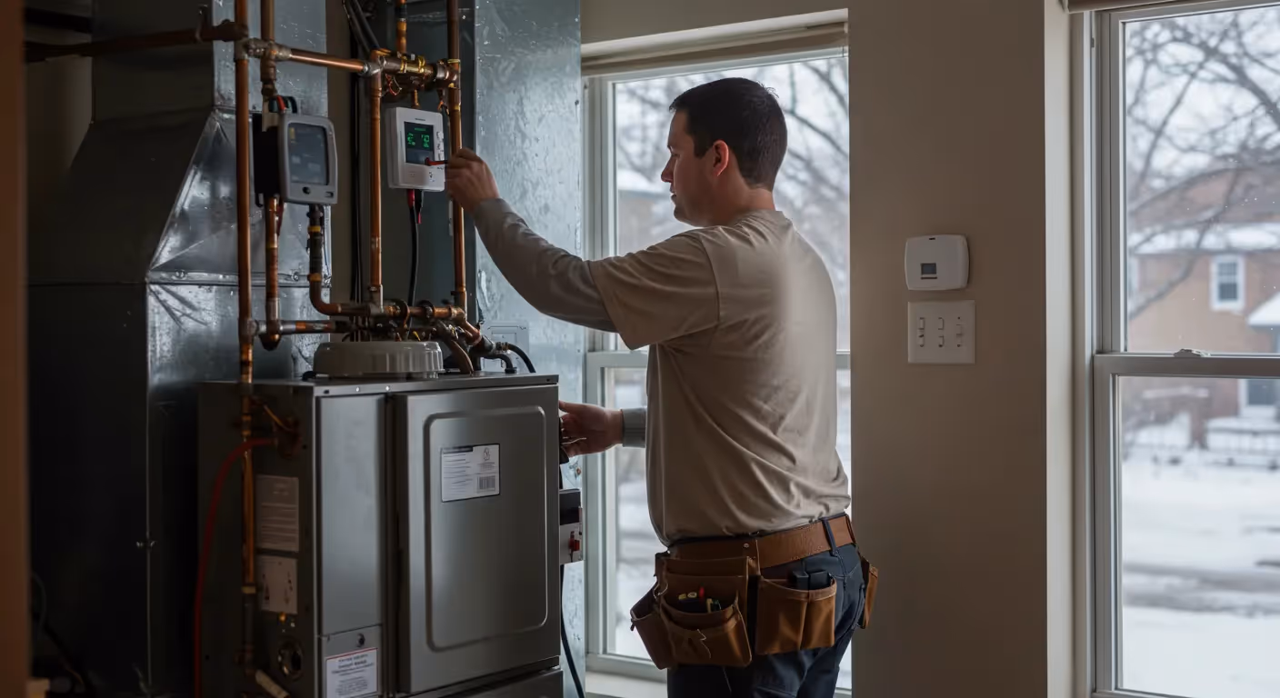 A technician in a beige shirt with a tool belt adjusting the control panel of a new furnace