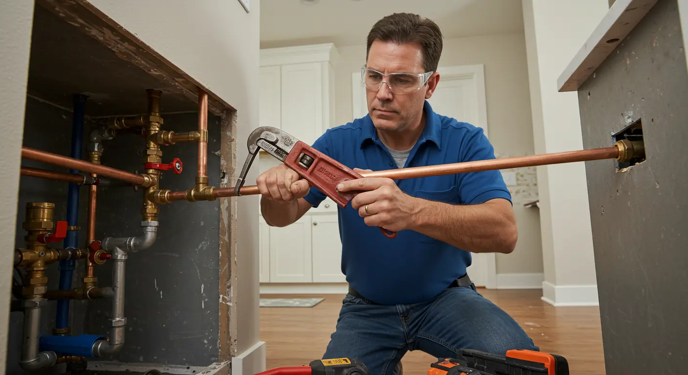 A plumber in safety glasses works on copper pipes