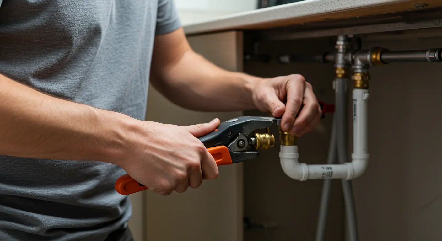 A plumber using a tool on a pipe beneath a sink