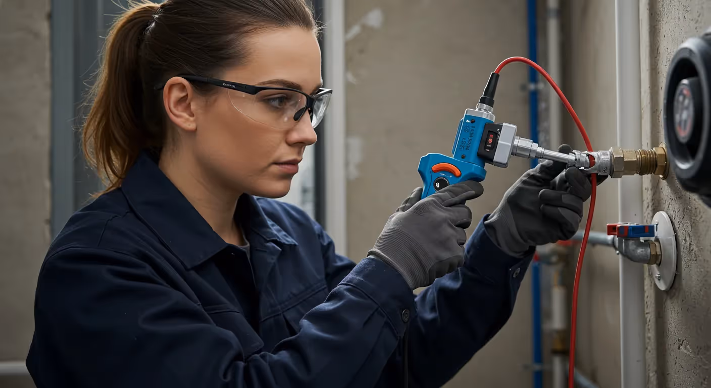 A plumber wearing blue work pants and gloves is inserting a hydro jetting hose into a manhole.