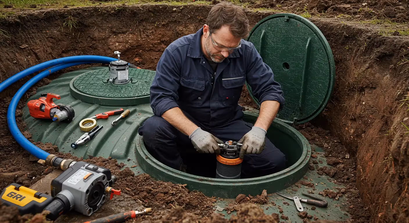 Man in overalls and safety glasses inspecting or repairing components inside the access port of a green, buried septic tank