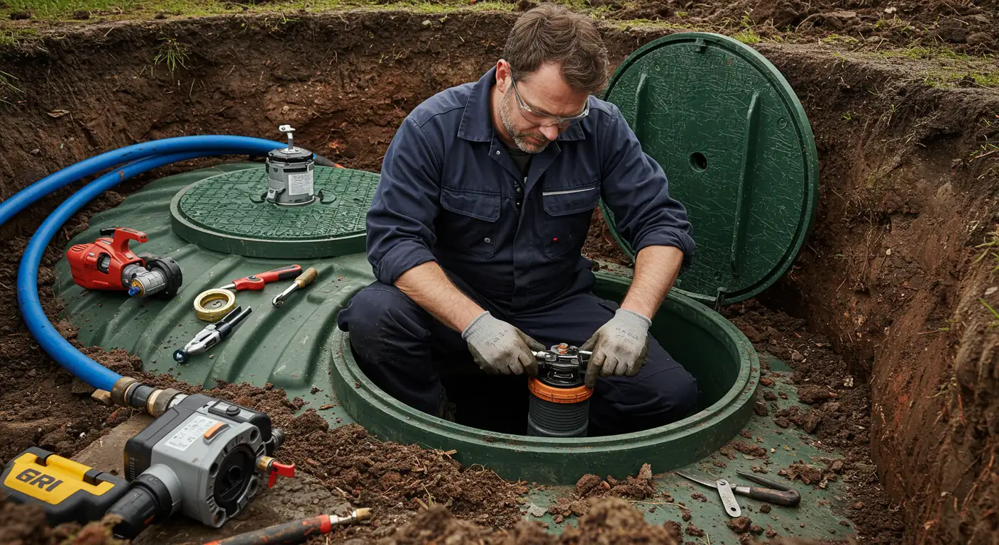 Man in overalls and safety glasses inspecting or repairing components inside the access port of a green, buried septic tank