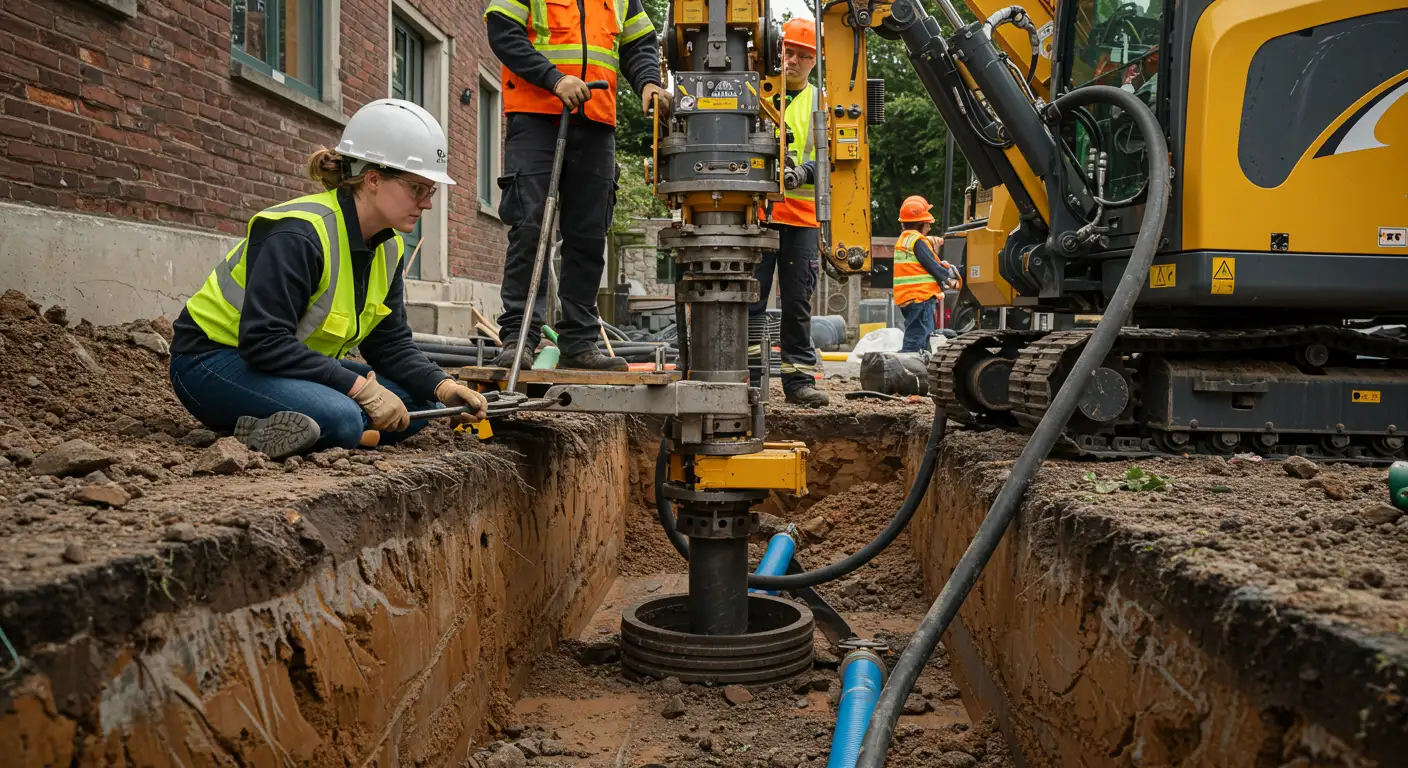 Construction workers using a directional drilling rig in a deep trench to install blue utility pipes, demonstrating a trenchless installation method