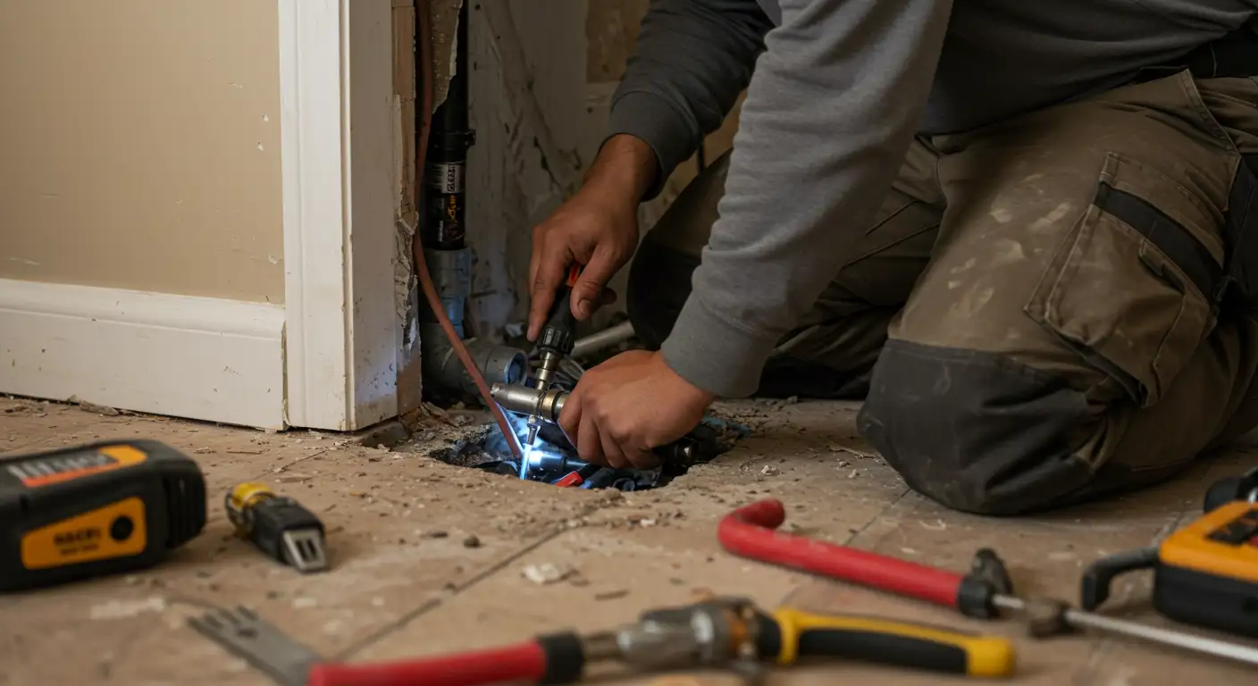 A close-up of a plumber's hands using a wrench to adjust a valve or fitting on exposed water pipes behind a wall, with tools on the wooden floor